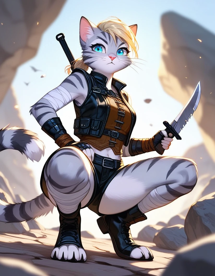 Solo, score_9,score_8_up,score_7_up, source_furry, kat, Anthro furry feline, female, tall slender body, long blonde hair, long undercut hair, pink nose, :3, blue eyes, white whiskers, silver fur, grey stripes, furry body, wearing black cloth vest, black leather medieval vest, black short shorts, adventuring gear, feet wrapped in bandages, outdoors, nighttime, squatting, assassins pose, holding a combat knife, eyes glowing blue, on a rock, low angle shot,