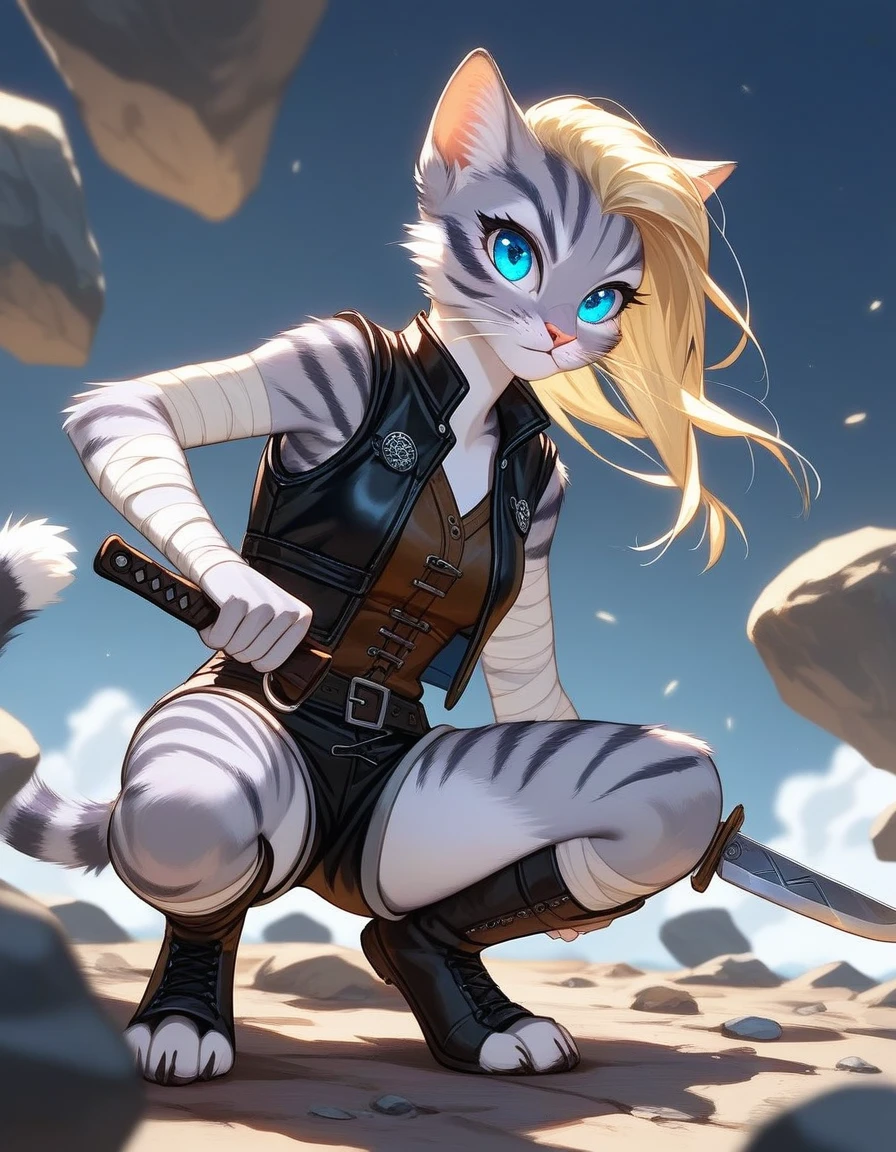 Solo, score_9,score_8_up,score_7_up, source_furry, kat, Anthro furry feline, female, tall slender body, long blonde hair, long undercut hair, pink nose, :3, blue eyes, white whiskers, silver fur, grey stripes, furry body, wearing black cloth vest, black leather medieval vest, black short shorts, adventuring gear, feet wrapped in bandages, outdoors, nighttime, squatting, assassins pose, holding a combat knife, eyes glowing blue, on a rock, low angle shot,
