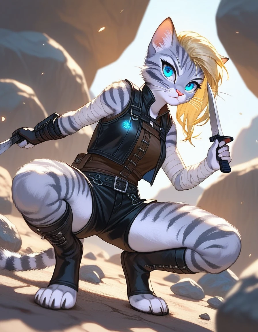 Solo, score_9,score_8_up,score_7_up, source_furry, kat, Anthro furry feline, female, tall slender body, long blonde hair, long undercut hair, pink nose, :3, blue eyes, white whiskers, silver fur, grey stripes, furry body, wearing black cloth vest, black leather medieval vest, black short shorts, adventuring gear, feet wrapped in bandages, outdoors, nighttime, squatting, assassins pose, holding a combat knife, eyes glowing blue, on a rock, low angle shot,
