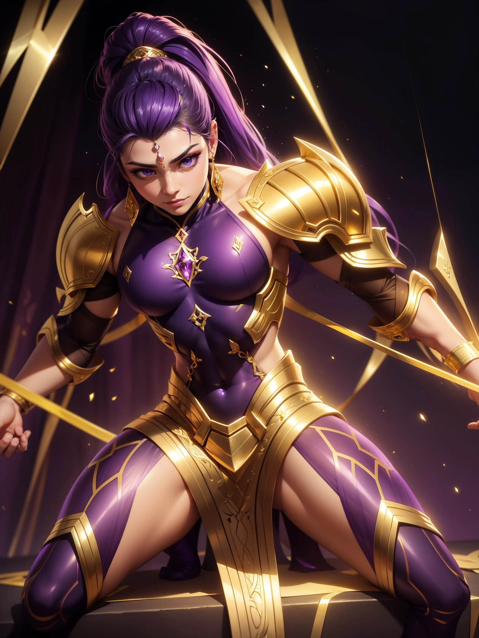 The whole face is full of gold and purple interweaving,There are many gorgeous carvings all over the body,Let them coexist,This can also be done around the eyes. The entire surface should be transparent purple and gold,No other colors.,Does not contain any other colors.,Amethyst and gold veins are transparent,There should be a lot of crystal effects like transparent crystal,Add some gold thread for decoration。The color changes to purple and gold,Some purple and gold(Ensure its layering and armor texture,Purple is the main color,Add some gold for decoration)