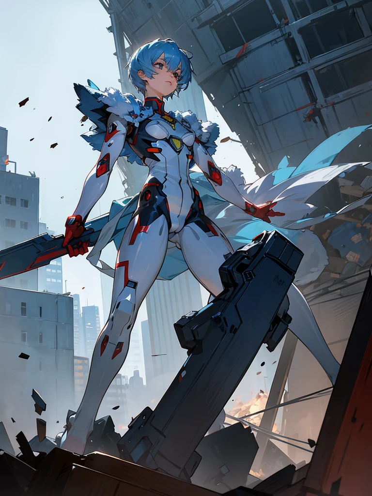 Rei Ayanami, blue fur,Iron man costume, city background throws rubble after a fight, destroyed suit