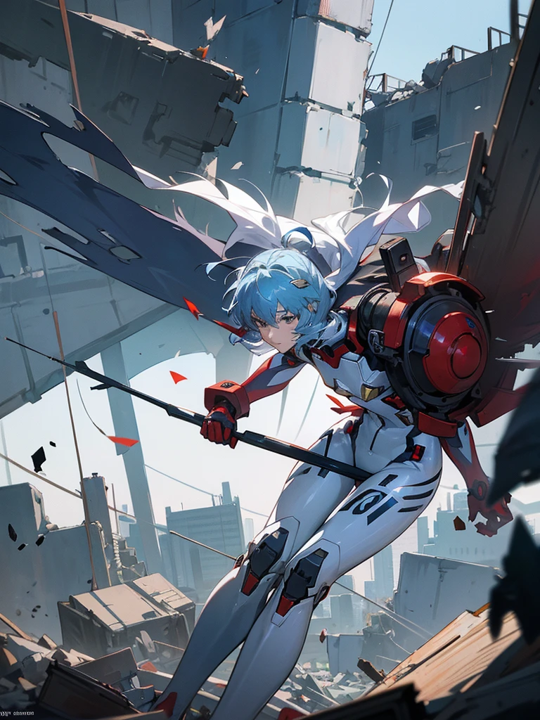 Rei Ayanami, blue fur,Iron man costume, city background throws rubble after a fight, destroyed suit