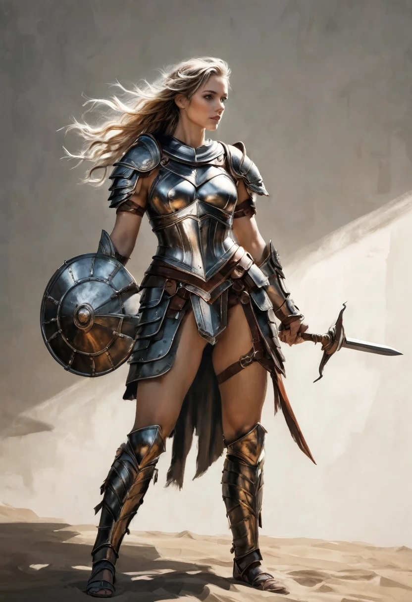 smooth lines, Express expressions and postures through ink contrast, The background is simple. emphasize light, shadow and space. ((full body):1.3), Drawing of Mature beauty. ((Detailed eye):1.3),((fresh)), wearing gladiator armor, painting, (best quality,4K,8k,high resolution,masterpiece:1.2),Super detailed,(actual,photoactual,photo-actual:1.37).