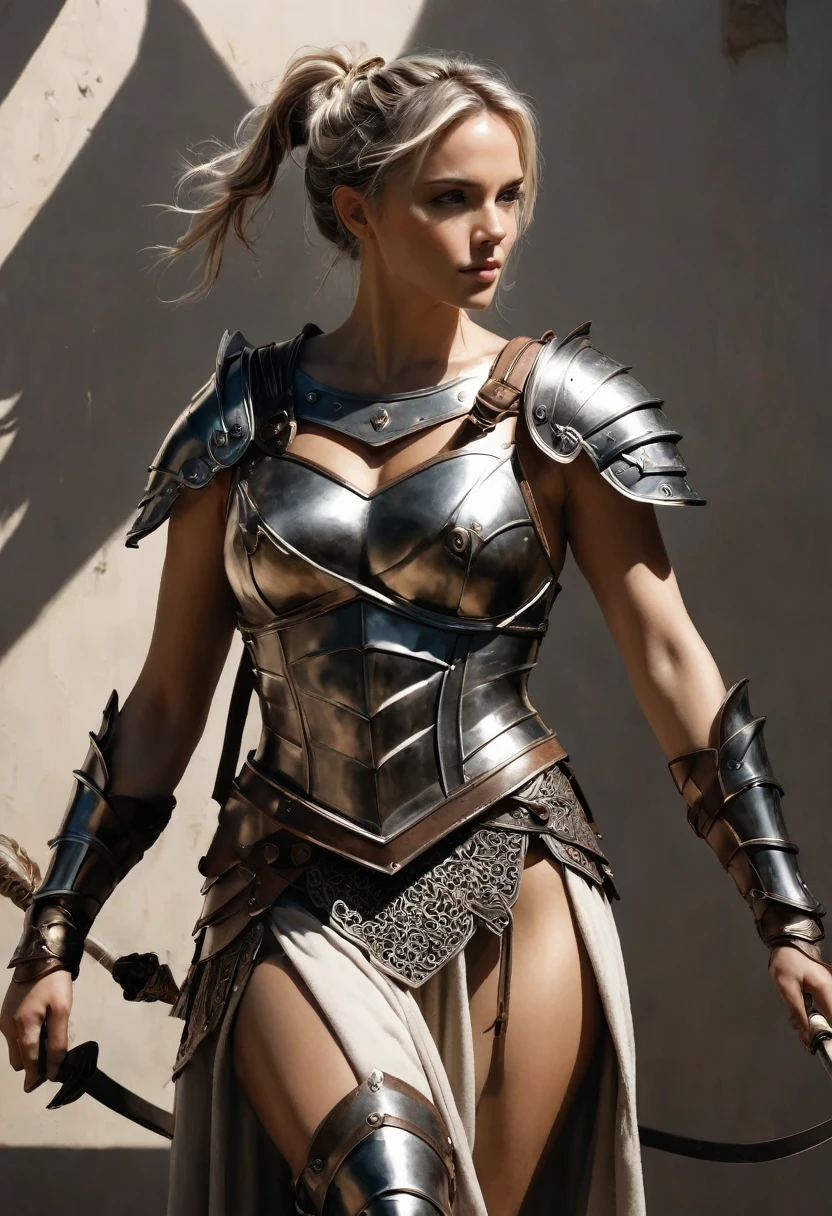 smooth lines, Express expressions and postures through ink contrast, The background is simple. emphasize light, shadow and space. ((full body):1.3), Drawing of Mature beauty. ((Detailed eye):1.3),((fresh)), wearing gladiator armor, painting, (best quality,4K,8k,high resolution,masterpiece:1.2),Super detailed,(actual,photoactual,photo-actual:1.37).