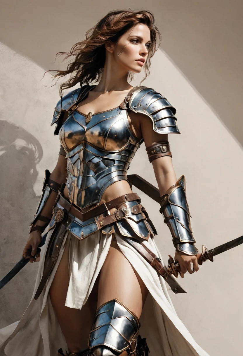 smooth lines, Express expressions and postures through ink contrast, The background is simple. emphasize light, shadow and space. ((full body):1.3), Drawing of Mature beauty. ((Detailed eye):1.3),((fresh)), wearing gladiator armor, painting, (best quality,4K,8k,high resolution,masterpiece:1.2),Super detailed,(actual,photoactual,photo-actual:1.37).