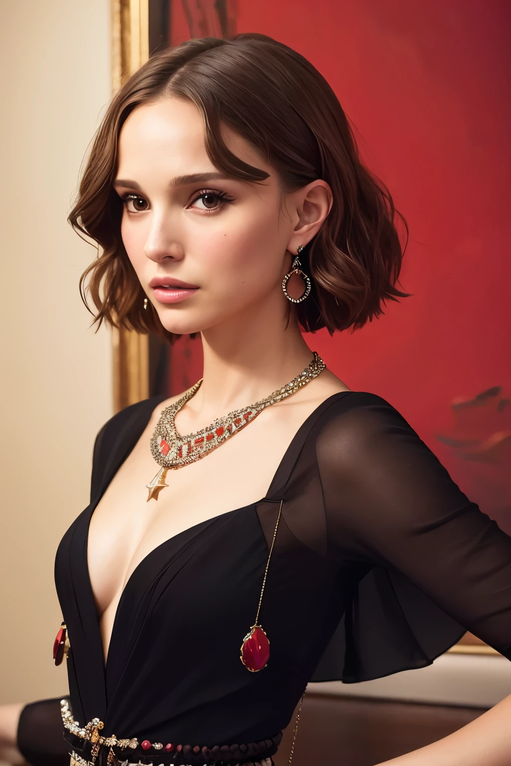Natalie Portman, Oil painting, Renaissance, Leonardo da Vinci, model, modern style, modern clothing, pop star, cool, short hair red color pearl necklace, earrings, modern makeup, red lipstick, Starry night, dress with black stars, ring, defined strokes