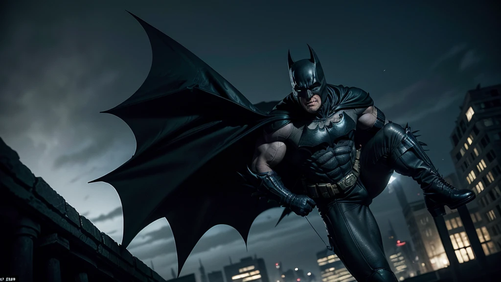 Creates a realistic, dark image of an older Batman inspired by the comic 'The Dark Knight Returns'. He displays a full-body action pose of a grey-haired and muscular Batman, his suit worn from years of battle. Batman must be on top of a building, gliding with his cape, throwing a batarang, or hanging from a rope. He highlights the age lines on his face, showing his determination and experience. The background should be a dark and gloomy Gothic city, with dramatic lighting that emphasizes the intensity of the scene. Capture the epic, almost mythical nature of an aging Dark Knight still fighting for justice.