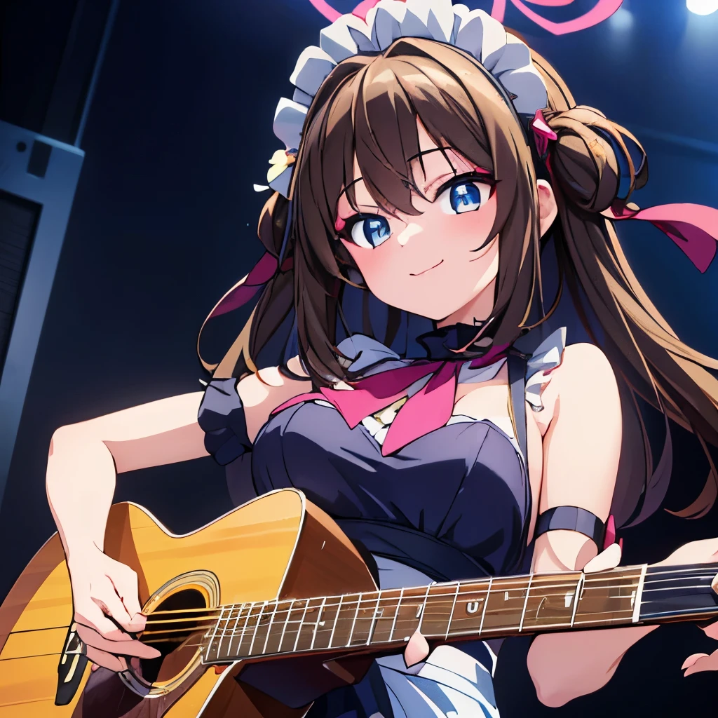 ((masterpiece)), ((best quality)), (ultra-detailed), anime style, Live performance venue, a cute girl, 1girl, solo, playing the guitar00, maid00, ((beautiful eyes))0, smile