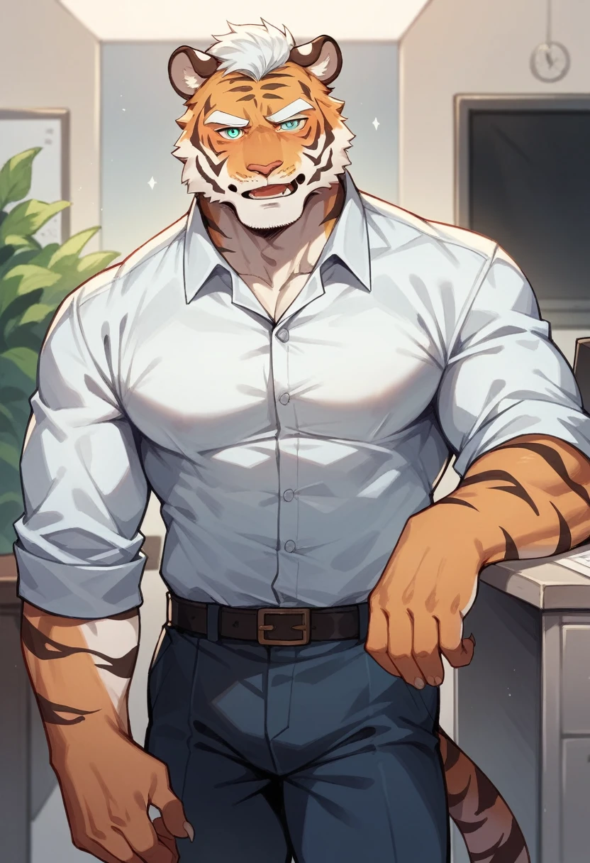 Solitary，Siberian tiger，personification，Mature male，Strong Man，Enthusiastic expression，Cyan pupils，Light white eyebrows，Workers clothing，office。