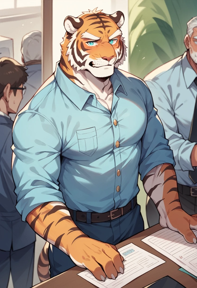 Solitary，Siberian tiger，personification，Mature male，Strong Man，Enthusiastic expression，Cyan pupils，Light white eyebrows，Workers clothing，office。