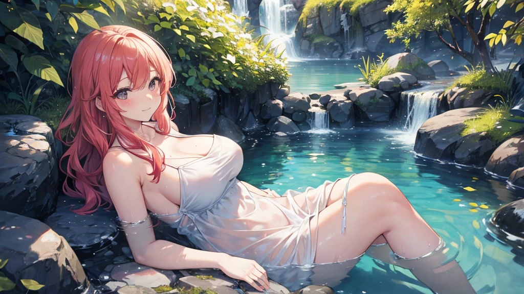 Woman relaxing in hot spring,20generation,Yang Liang、Colored leaves、Satisfied face,Cover your hair with a towel,Beautiful light of inspiration,Elegant water flow,Soothing atmosphere,Quiet and peaceful background,Large Breasts