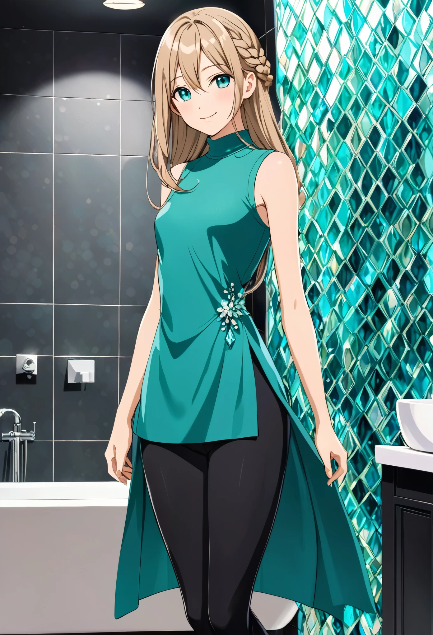  solo, 1, tall, old figure, (straight hair with braid end (dark blonde)), beautiful face, (close mouth:1.2), smiling softly, small breast flat, teal colored crystal themed sleeveless mock-neck dress, black leggings pants and skirts overlay, bathromm, anime style