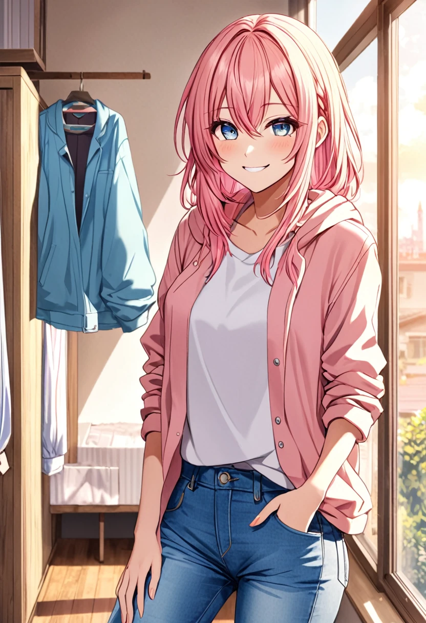 Luka Megurine smiling casual clothes jeans color morning