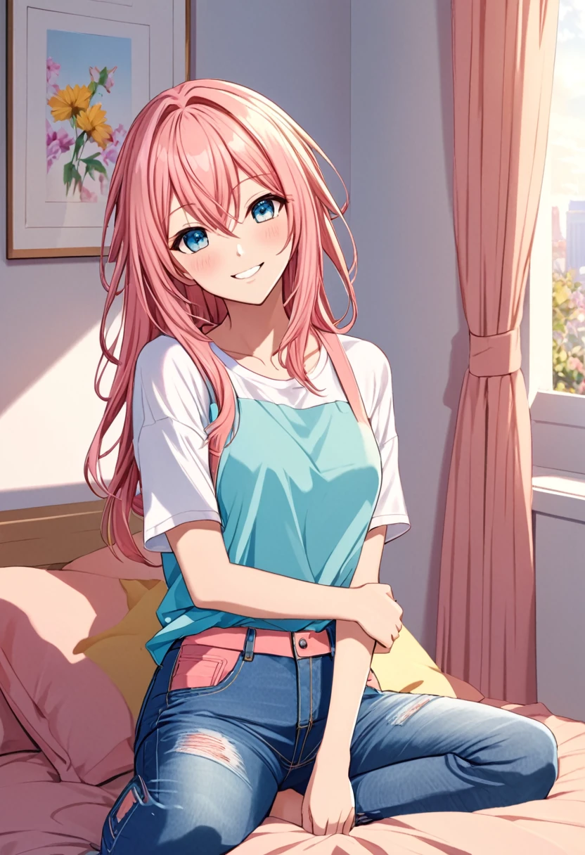 Luka Megurine smiling casual clothes jeans color morning