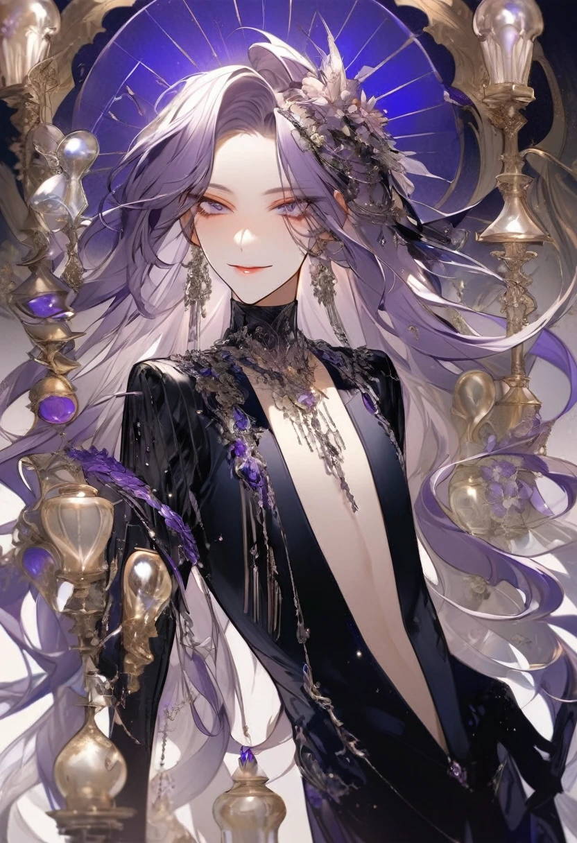 Feminine boy, soft womanish facial features, smile, squinted siren dark blue eyes without glare, silver and dark purple long loose hair with straight bang, fantasy black clothes with blue and purple elements, long black gloves, model, gorgeous, elegant, lots of silver jewelry, flowers in his hair, skinny body, hourglass figure, light lipstick