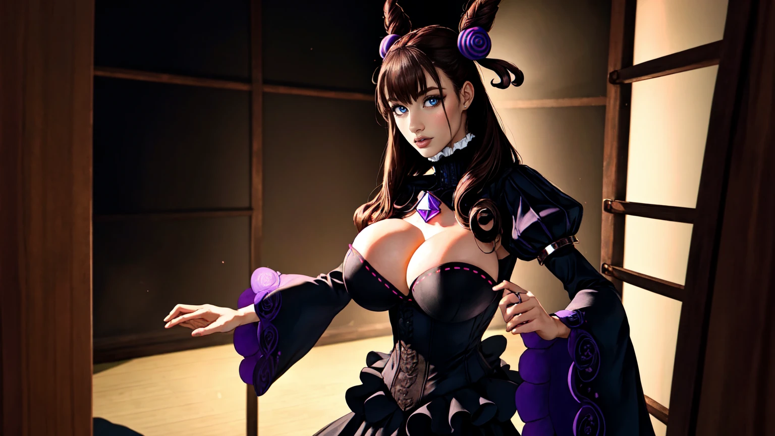 1girl,murasakishikibu, murasaki shikibu, brown hair, (purple eyes:1.1), long hair, big breast, BREAK black dress, dress,, frills, juliet sleeves, grey undershirt,long sleeves, puff and slash sleeves, puffy sleeves, purple gemstone, sleeves past wrists, wide sleeves, cone hair bun, double bun, hair bun, hair ornament, long hair, two side up,BREAK (masterpiece:1.2),(beautiful detailed eyes:1.6), extremely detailed face, perfect lighting, extremely detailed CG, (perfect hands, perfect anatomy), standing in a Torture chamber