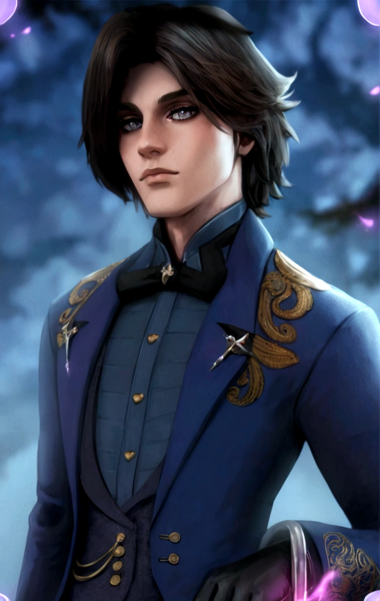 a close up of a person in a suit blue suit with golden details (pale skin dark brown hair and grey eyes), delicate androgynous prince, beautiful androgynous prince, caleb from critical role, highly detailed exquisite, handsome guy in demon slayer art, highly detailed character, hyperdetailed fantasy character, handsome male vampire, wolfgang lettl highly detailed, detailed character portrait, official character art, handsome stunning realistic