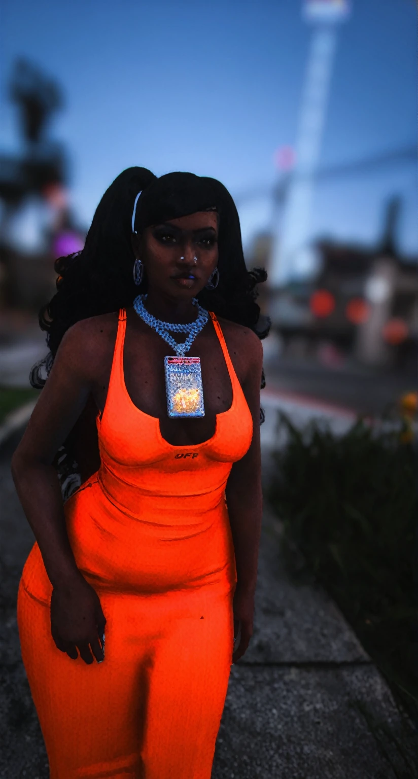 there is a woman in an orange dress posing for a picture, ( ( dark skin ) ), gta v street style, heavy looking, with orange street lights, dark skinned, dark skin female goddess of love, second life avatar, dark skin, dark-skinned, as a character from gtav, orange neon, epic 3 d oshun, orange skin, elitedangerous 💙💜 ornate ︎hyper realistic 