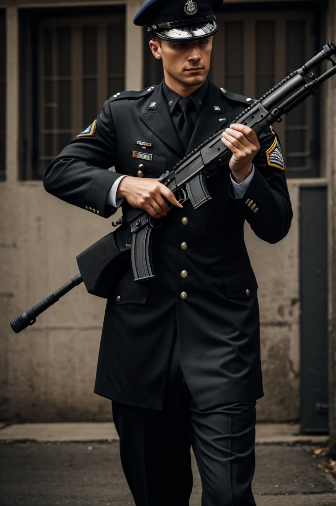 A soldier in a black suit wearing a fal with a patch with the initials scp