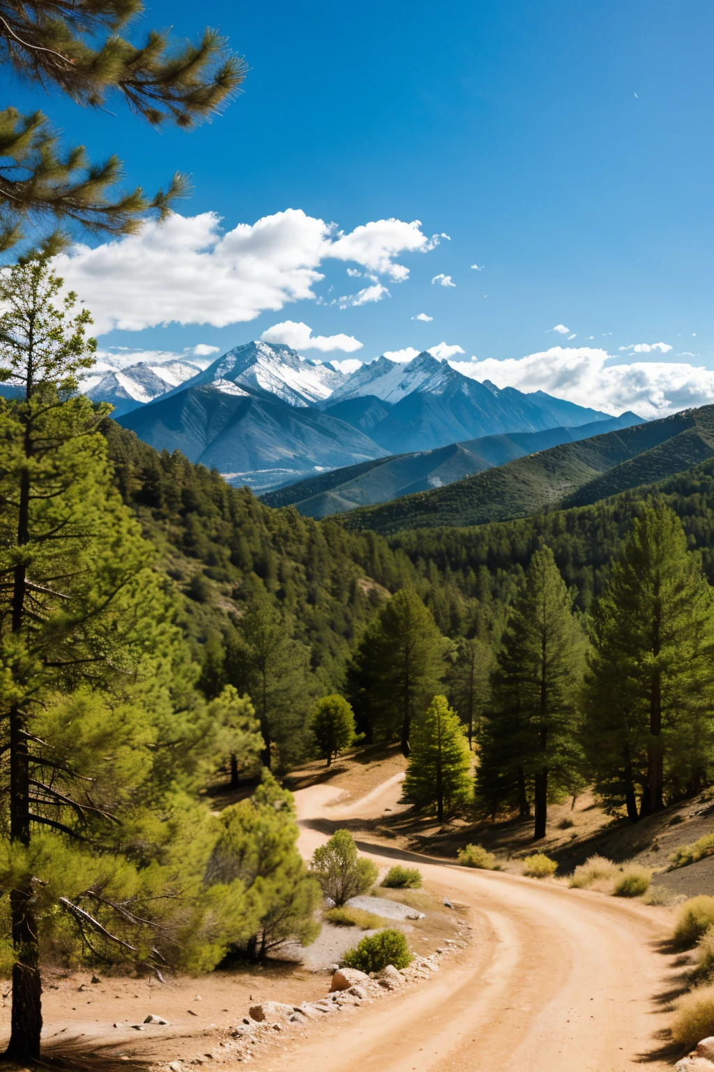 landscape with mountains, arroyo, pine trees and clouds animated