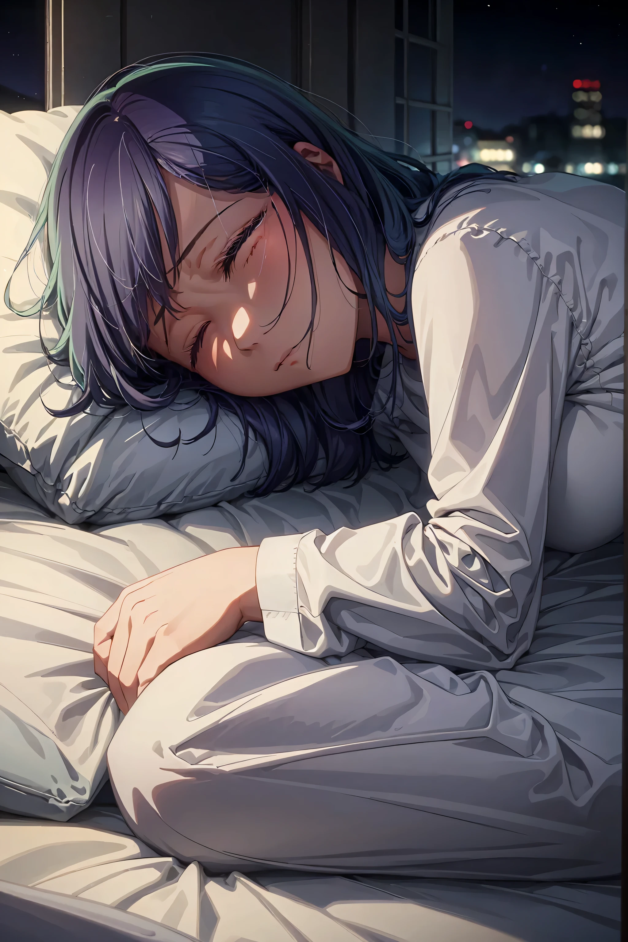 best quality, masterpiece, 1 girl, alone, eyes closed, calm facial expression, sleeping, side perspective, night lights