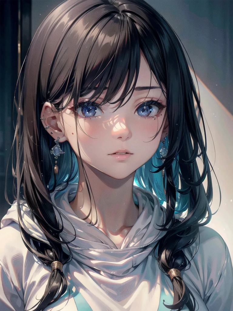 absurdres, RAW photo, extremely delicate and beautiful, masterpiece, Best Quality, ultra high resolution, 32k, hyperrealistic, ultra-detailed, delicate facial features, beautiful detailed woman, tearful mole, earring, medium breasts, full body shot, medium hair, black hair, hoodie, sportswear,