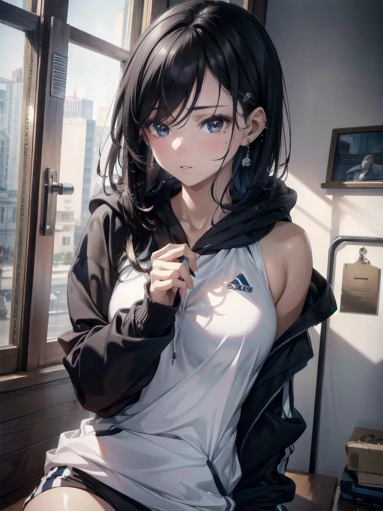 absurdres, RAW photo, extremely delicate and beautiful, masterpiece, Best Quality, ultra high resolution, 32k, hyperrealistic, ultra-detailed, delicate facial features, beautiful detailed woman, tearful mole, earring, medium breasts, full body shot, medium hair, black hair, hoodie, sportswear,