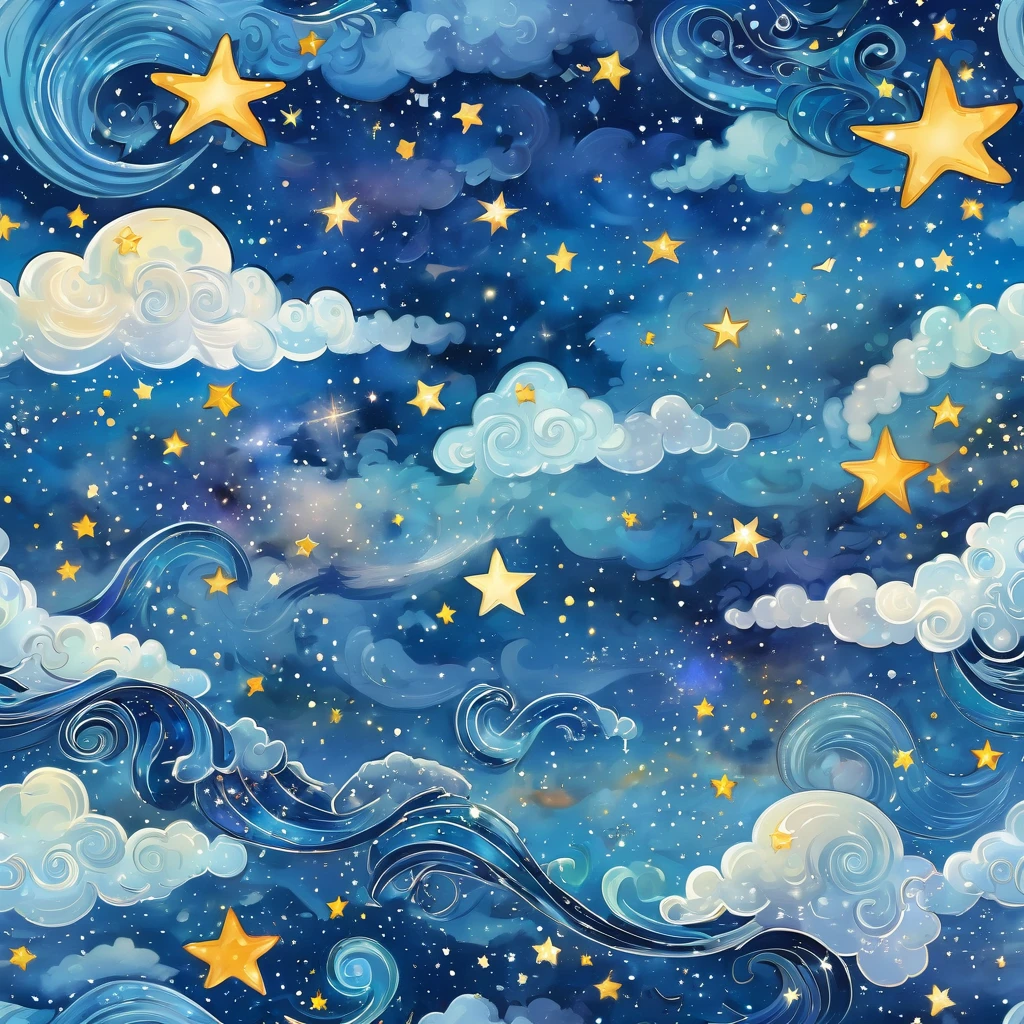 starry night sky with clouds and stars and a wave, stars and paisley filled sky, night sky with clouds and stars, cosmic starry sky, sky strewn with stars, starry background, stary sky, starry night sky, baroque painting. star lit sky, background is made of stars, ocean pattern and night sky, stary night painting, dreamy illustration, starry sky