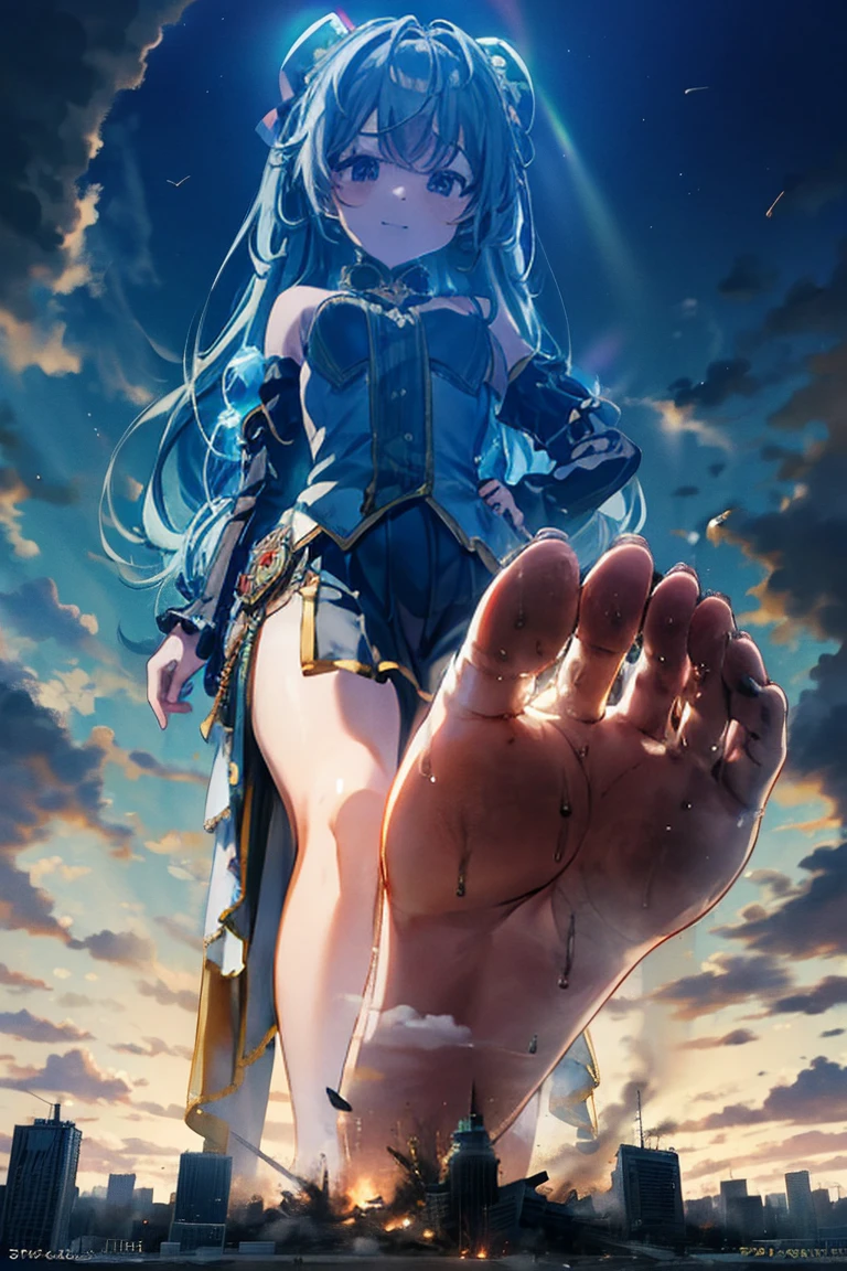 Hatsune Miku、masterpiece、Highest quality、Giantessのイラスト、Giant Humans、Giant Girl、smile、Open mouth and show teeth、beautiful身体、simple、beautiful、Anime illustration、Buildings being destroyed beneath our feet、I can see my feet、Draw a woman in a big way、Completely naked、Giantess、Hall々Stand with、Hands on hips、giantess、Low - Angle、Small town view、Destroyed small town、Destroyed small building district、Smoke is rising、The fugitive々、Destructive illustration of a small city with buildings visible in the distance
