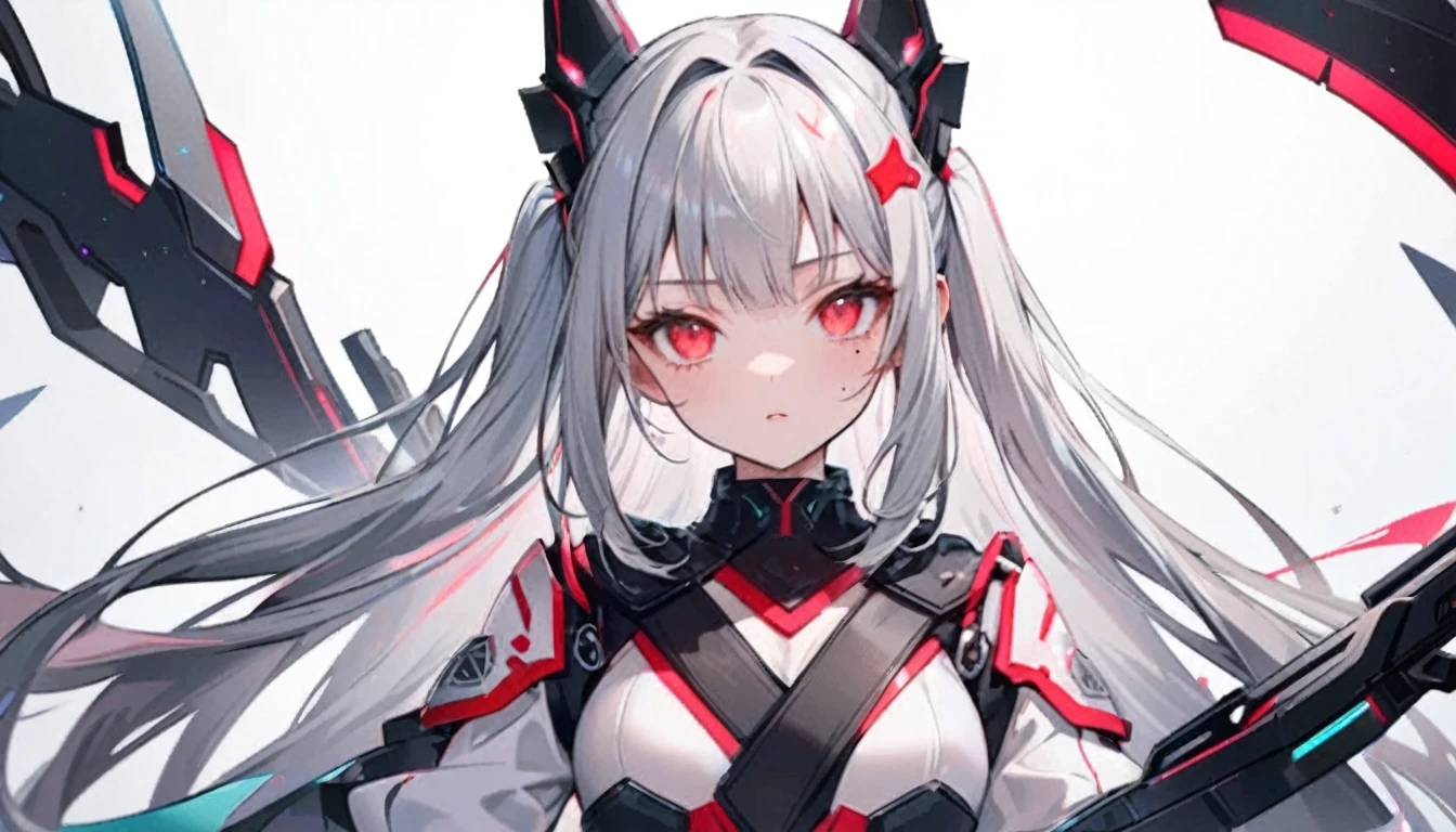 Girl Characters。gray hair color、Glowing red eyes、Long Hair、There is a mole under the left eye。On a transparent background、Depict people only。