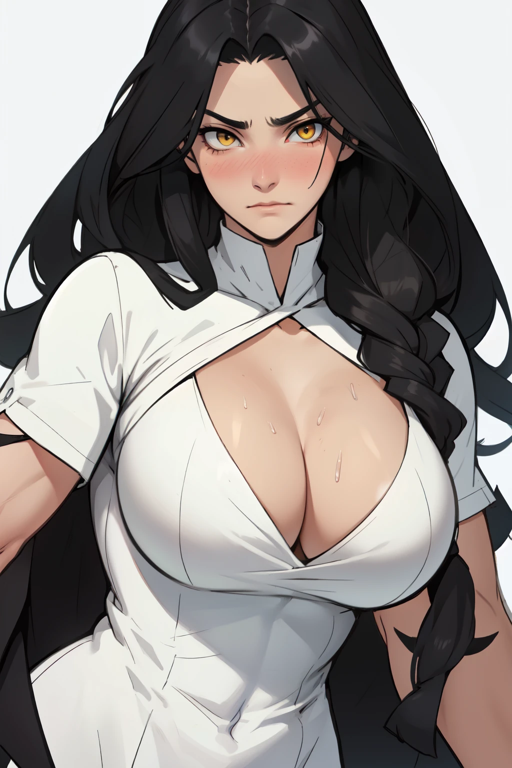 muscular black hair yellow eyes pale skin girl sad cleavage huge breasts blushing frown sweaty long straight hair long straight hair long straight hair long straight hair long straight hair