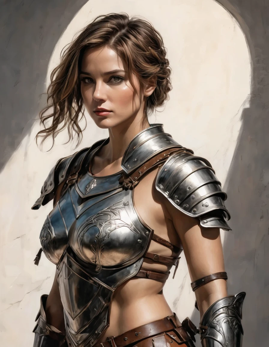 smooth lines, Express expressions and postures through ink contrast, The background is simple. emphasize light, shadow and space. ((full body):1.3), Drawing of Mature beauty. ((Detailed eye):1.3),((fresh)), wearing gladiator armor, painting, (best quality,4K,8k,high resolution,masterpiece:1.2),Super detailed,(actual,photoactual,photo-actual:1.37).