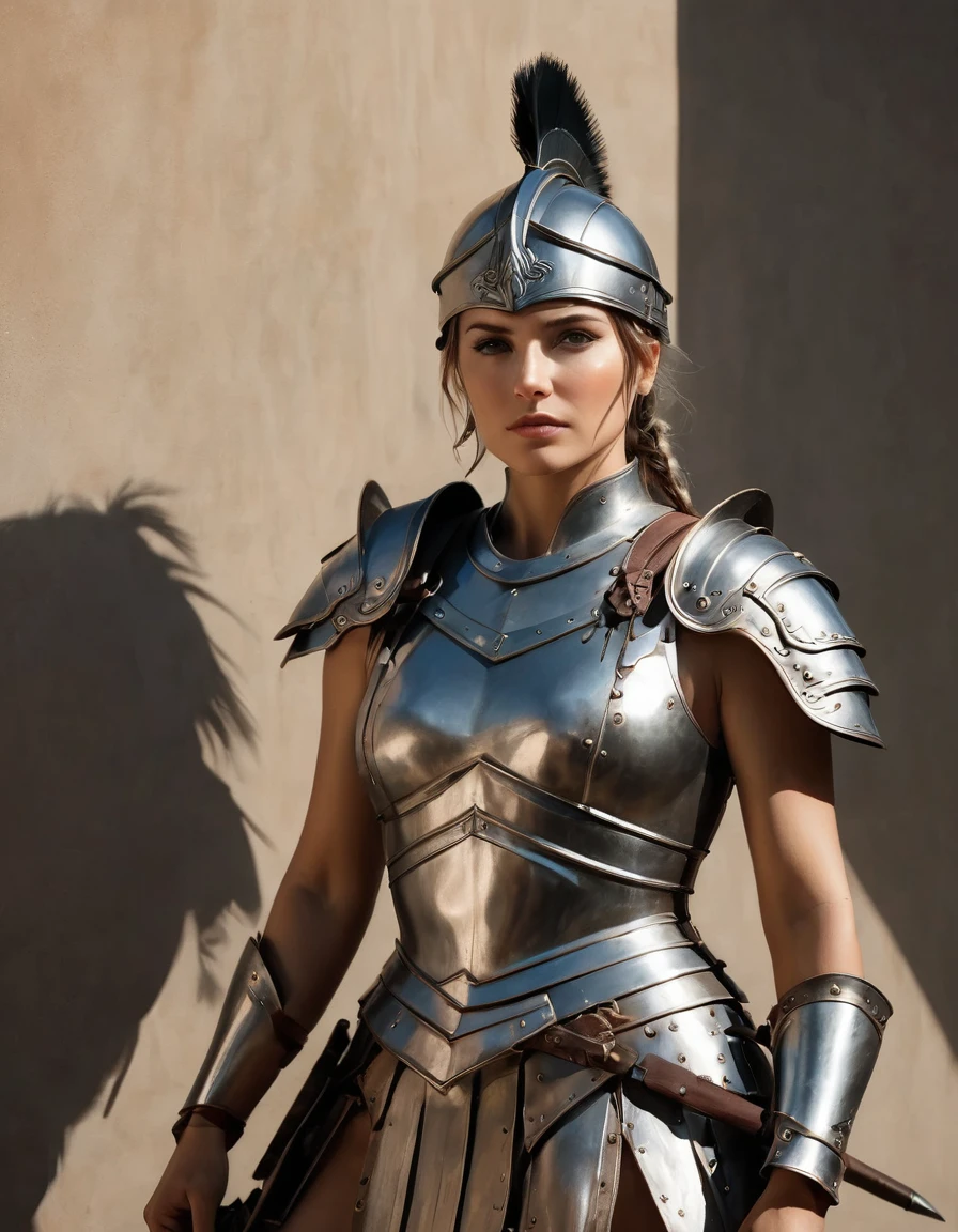 smooth lines, Express expressions and postures through ink contrast, The background is simple. emphasize light, shadow and space. ((full body):1.3), Drawing of Mature beauty. ((Detailed eye):1.3),((fresh)), wearing gladiator armor, painting, (best quality,4K,8k,high resolution,masterpiece:1.2),Super detailed,(actual,photoactual,photo-actual:1.37).