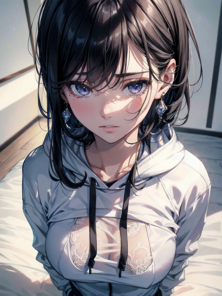 absurdres, RAW photo, extremely delicate and beautiful, masterpiece, Best Quality, ultra high resolution, 32k, hyperrealistic, ultra-detailed, delicate facial features, beautiful detailed woman, tearful mole, earring, medium breasts, full body shot, medium hair, black hair, hoodie, sportswear,