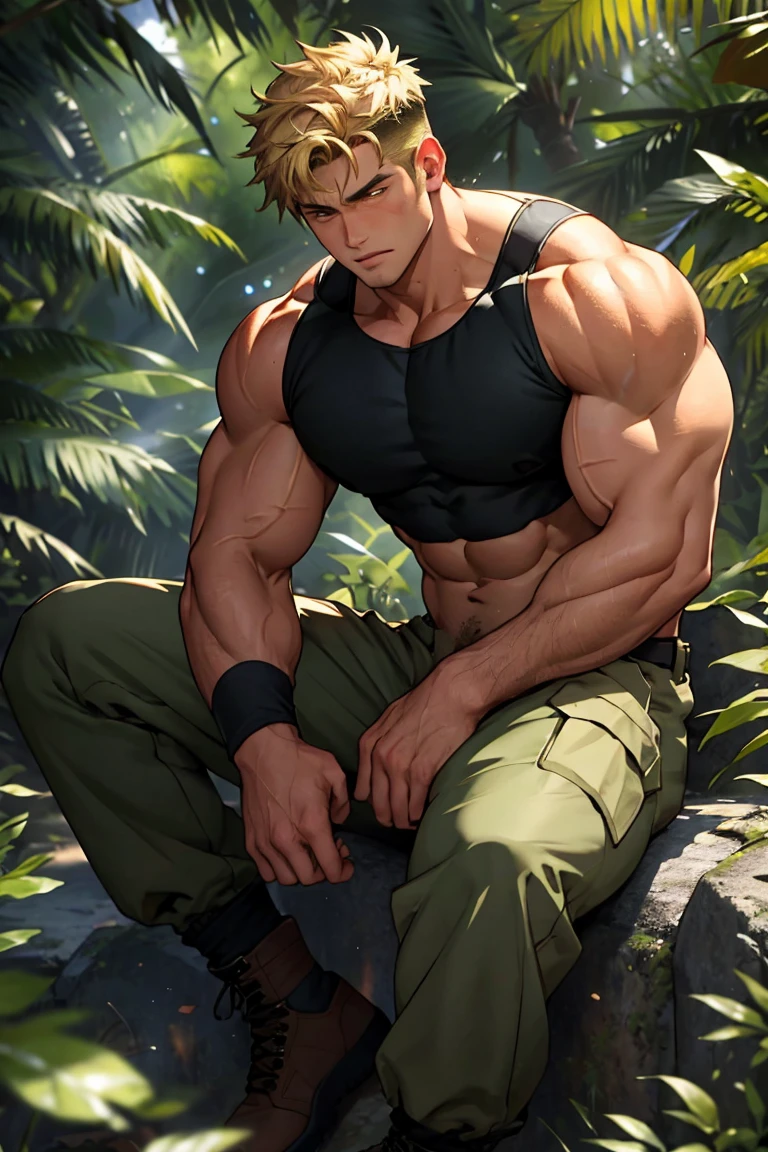 (masterpiece, Best quality old boy), 1 boy, adult, huge muscles, big body, Slightly modify the abdominal contour, Short blonde hair,brown eyes, complicated, Rainforest, Muscles sparkle in the sun,shirtless,Wearing khaki adventure pants,outdoor adventure boots,pained expression,bite lip, bright colors,(depth of field:1.2),looking at the audience, sit on stone, huge hyper muscle, flexing