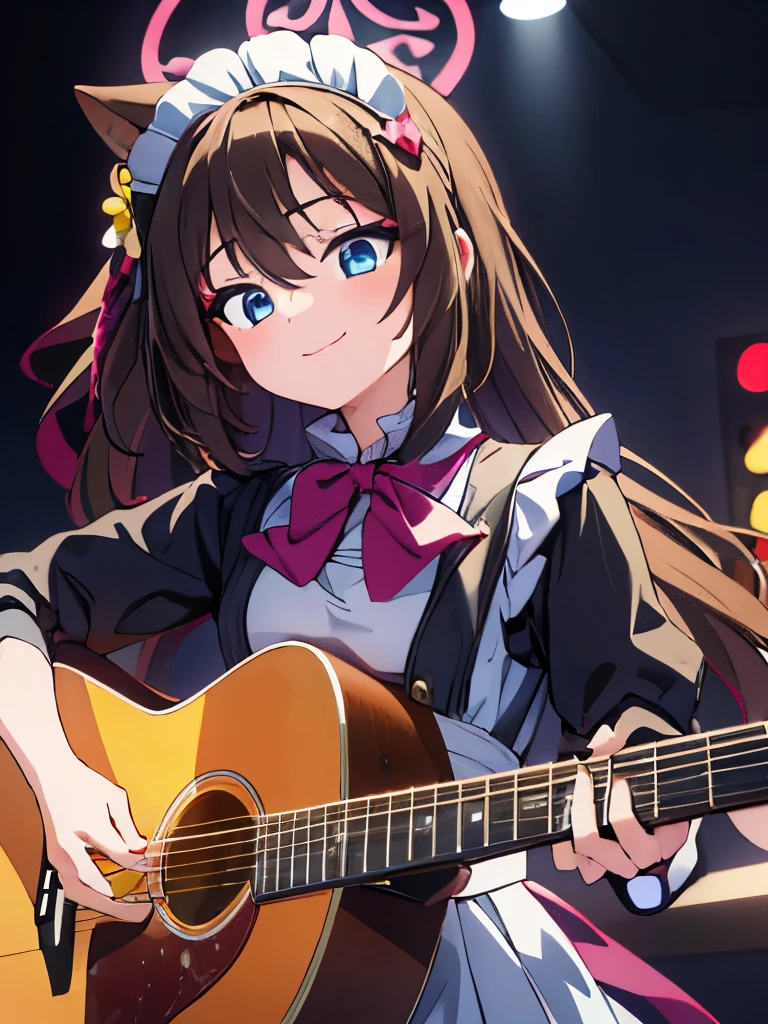 ((masterpiece)), ((best quality)), (ultra-detailed), anime style, Live performance venue, a cute girl, 1girl, solo, playing the guitar00, maid00, ((beautiful eyes))0, smile