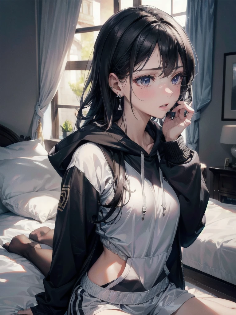 absurdres, RAW photo, extremely delicate and beautiful, masterpiece, Best Quality, ultra high resolution, 32k, hyperrealistic, ultra-detailed, delicate facial features, beautiful detailed woman, tearful mole, earring, medium breasts, full body shot, medium hair, black hair, hoodie, sportswear,