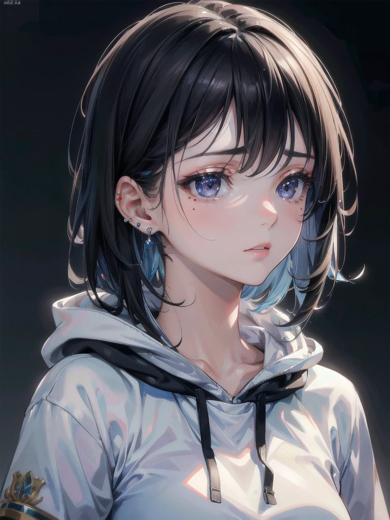 absurdres, RAW photo, extremely delicate and beautiful, masterpiece, Best Quality, ultra high resolution, 32k, hyperrealistic, ultra-detailed, delicate facial features, beautiful detailed woman, tearful mole, earring, medium breasts, full body shot, medium hair, black hair, hoodie, sportswear,