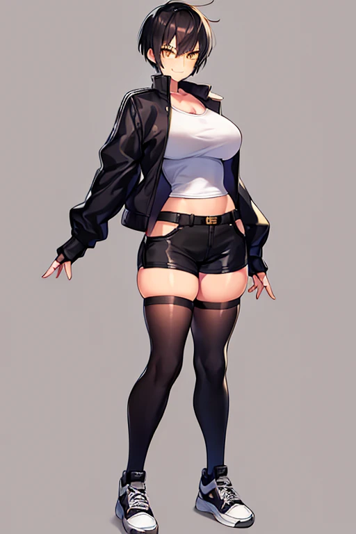 1girl, spiked hair, very short hair, yellow eyes, tan, tan skin, tan-skinned female, black hair, pixie cut, large breasts, hourglass figure, thick thighs, smile, smirk, smug, toned, white shirt, jacket, sneakers, black jacket, shirt, short pants, shorts, standing, full body, thighhighs, black thighhighs, fingerless gloves, ((full body))
