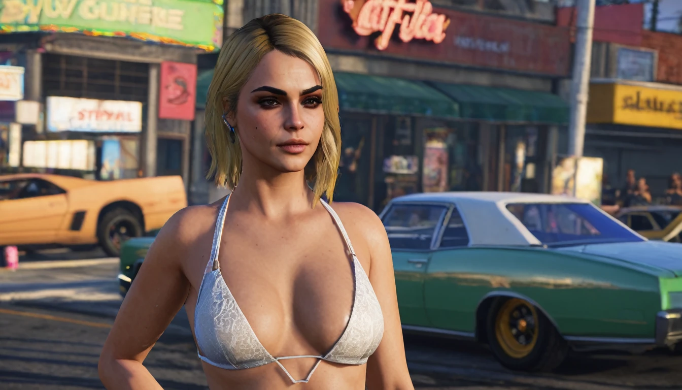 beautiful woman, gorgeous girl in erotic attire, sexy clothes. LA, holywood, gta V style,ohwx woman, gta gameplay in miami, GTA screenshot, unreal engine 5