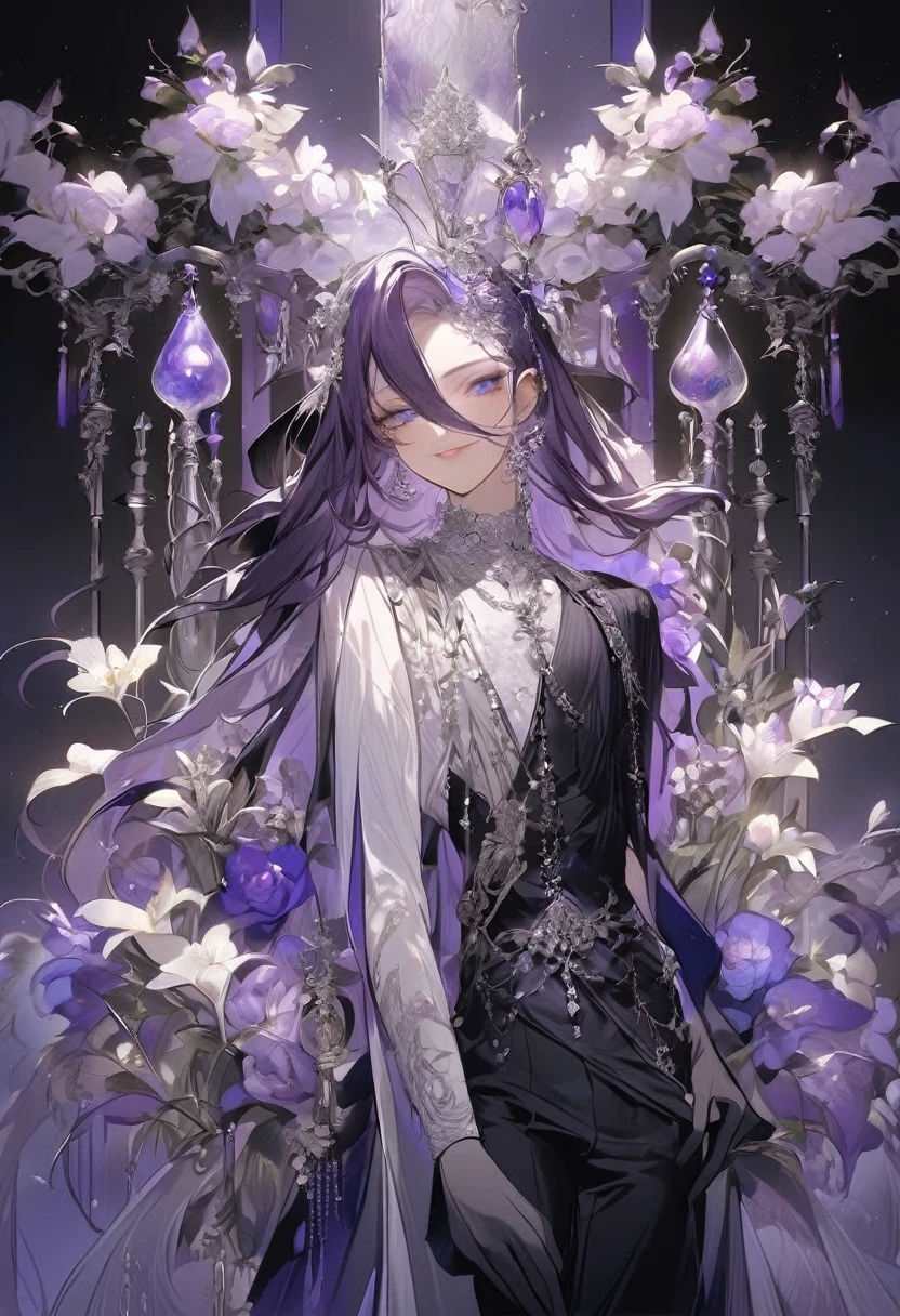 Feminine boy, soft womanish facial features, smile, squinted siren dark blue eyes without glare, silver and dark purple long loose hair with straight bang, fantasy black clothes with blue and purple elements, long black gloves, model, gorgeous, elegant, lots of silver jewelry, flowers in his hair, skinny body, hourglass figure, light lipstick