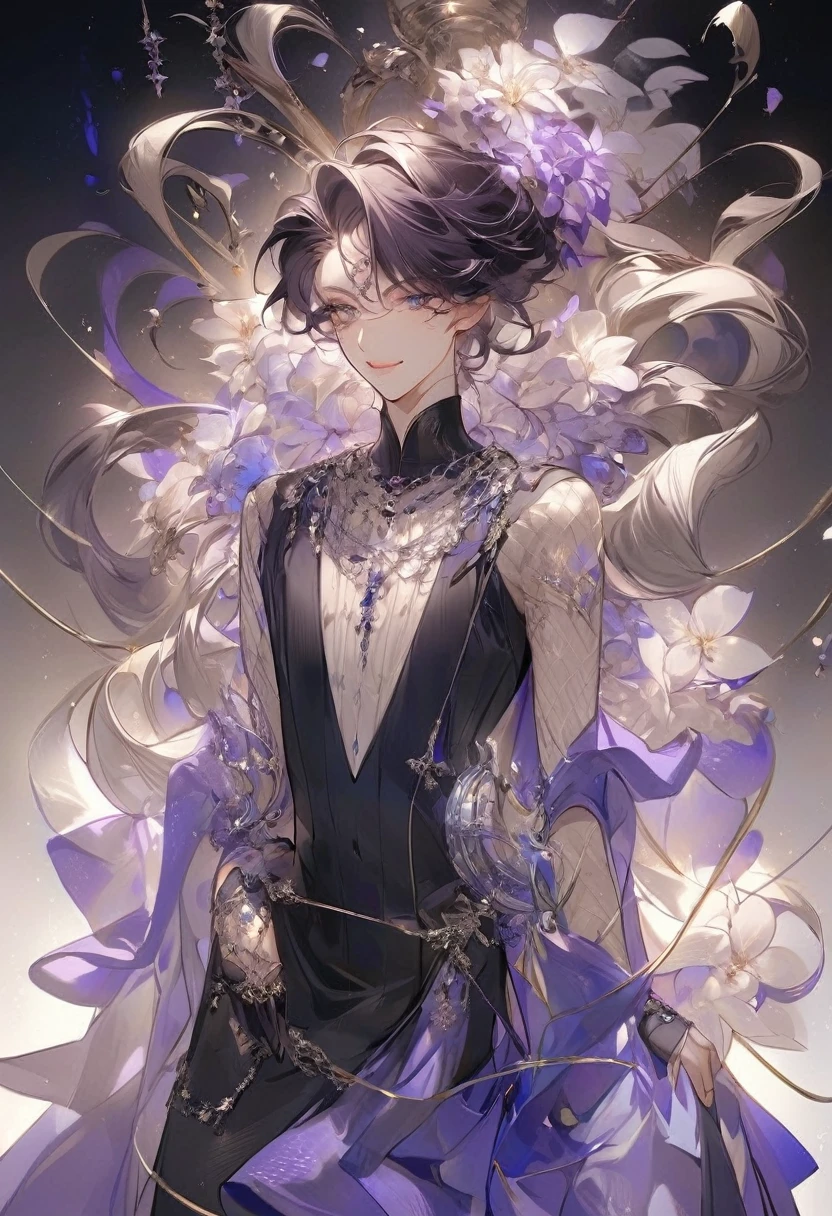 Feminine boy, soft womanish facial features, smile, squinted siren dark blue eyes without glare, silver and dark purple long loose hair with straight bang, fantasy black clothes with blue and purple elements, long black gloves, model, gorgeous, elegant, lots of silver jewelry, flowers in his hair, skinny body, hourglass figure, light lipstick