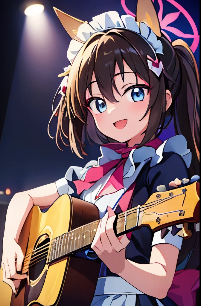 ((masterpiece)), ((best quality)), (ultra-detailed), anime style, Live performance venue, a cute girl, 1girl, solo, playing the guitar00, maid00, ((beautiful eyes))0, smile
