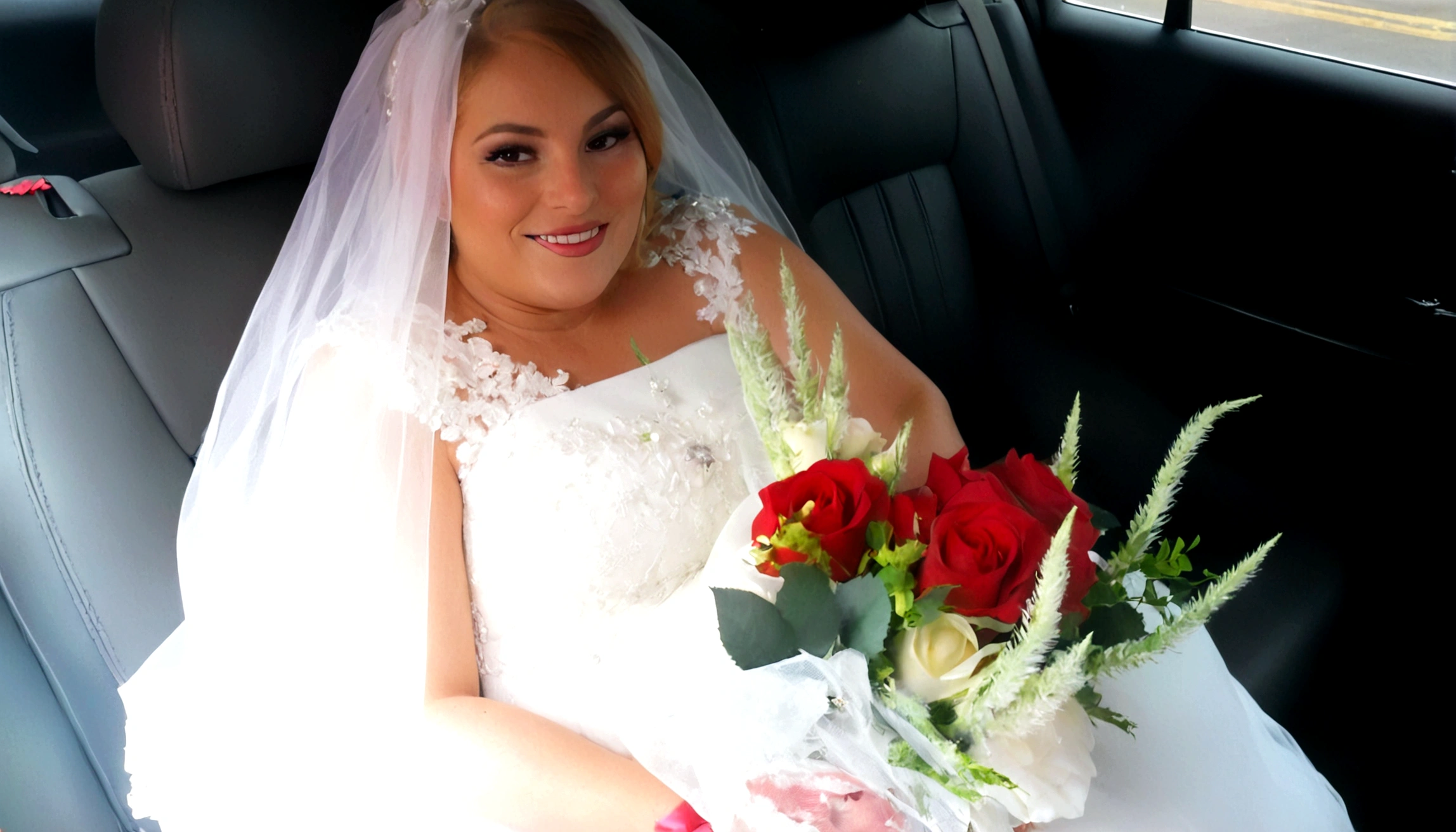 bride sitting in a car with a bouquet of roses in her lap, bride, jacqueline e, marriage, lorena avarez, por Joy Garnett, wearing a marriage dress, sara, por Gwen Barnard, por Bernie D’Andrea, by Susan Heidi, photo taken in 2 0 2 0, photo sideways, por Pat Adams, last photo, sandra chevier