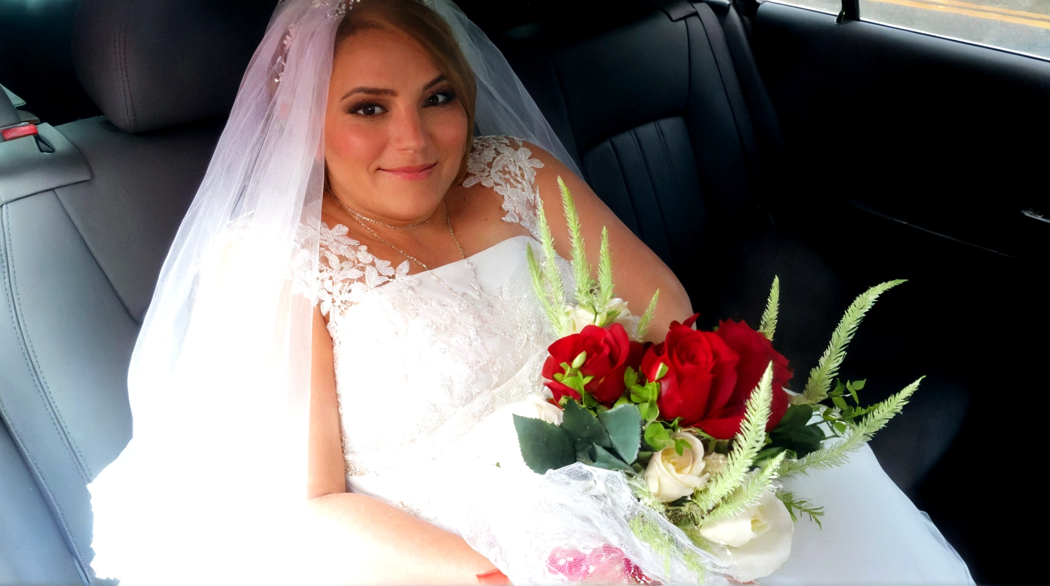 bride sitting in a car with a bouquet of roses in her lap, bride, jacqueline e, marriage, lorena avarez, por Joy Garnett, wearing a marriage dress, sara, por Gwen Barnard, por Bernie D’Andrea, by Susan Heidi, photo taken in 2 0 2 0, photo sideways, por Pat Adams, last photo, sandra chevier