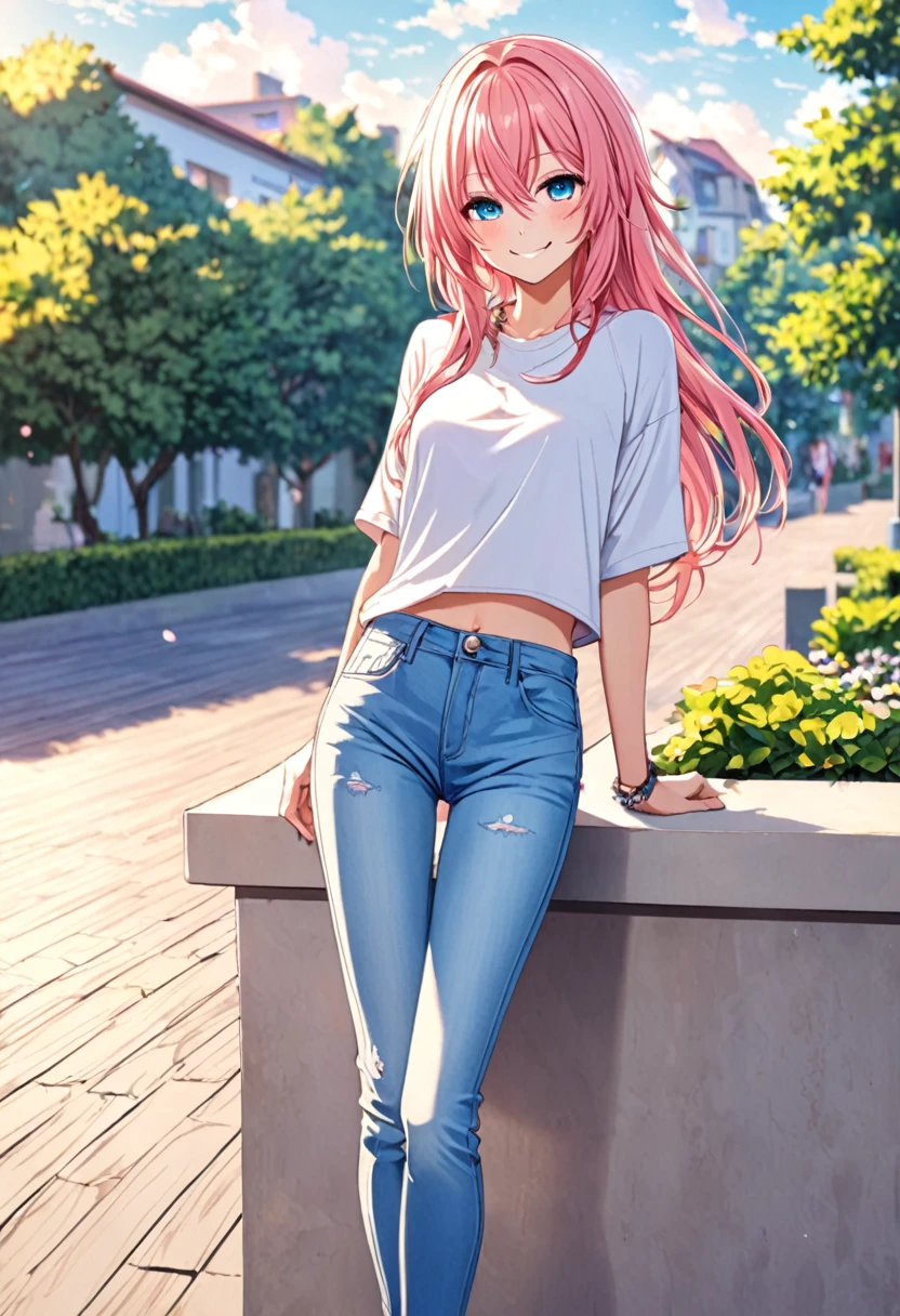 Luka Megurine smiling casual clothes jeans color morning