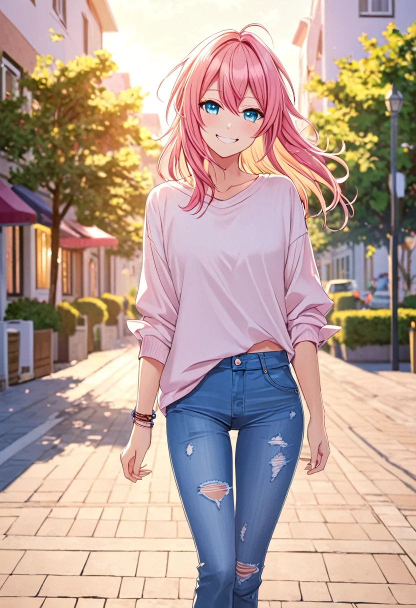 Luka Megurine smiling casual clothes jeans color morning