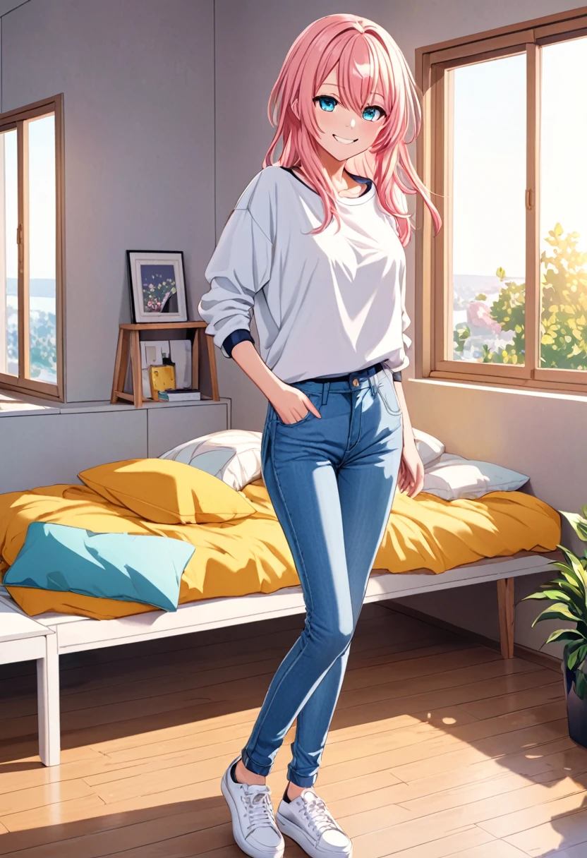 Luka Megurine smiling casual clothes jeans color morning