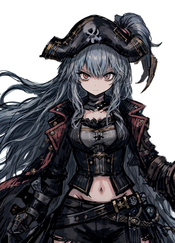 1girl,grayish blue hair, Long and curly hairstyle, pirate, sea privateer, bandit clothes, sable, nice clothes, (high resolution, high detail, best quality), black background, angry