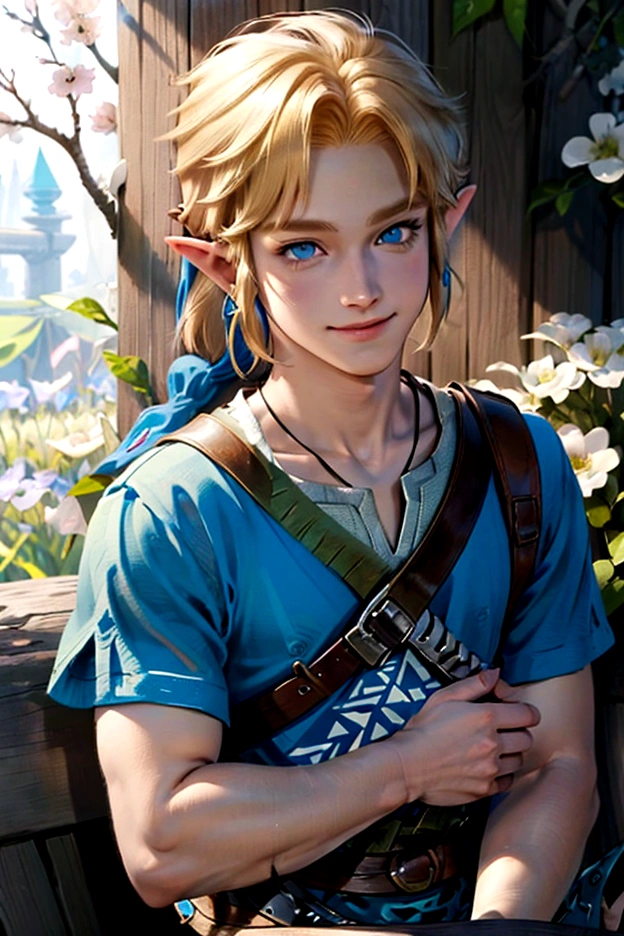 ((Artwork)), (Highest quality), (detailed), ((1 boy)), (Link to the Legend of Zelda), smile, Short blonde, blue eyes, Spring season, Bright colors